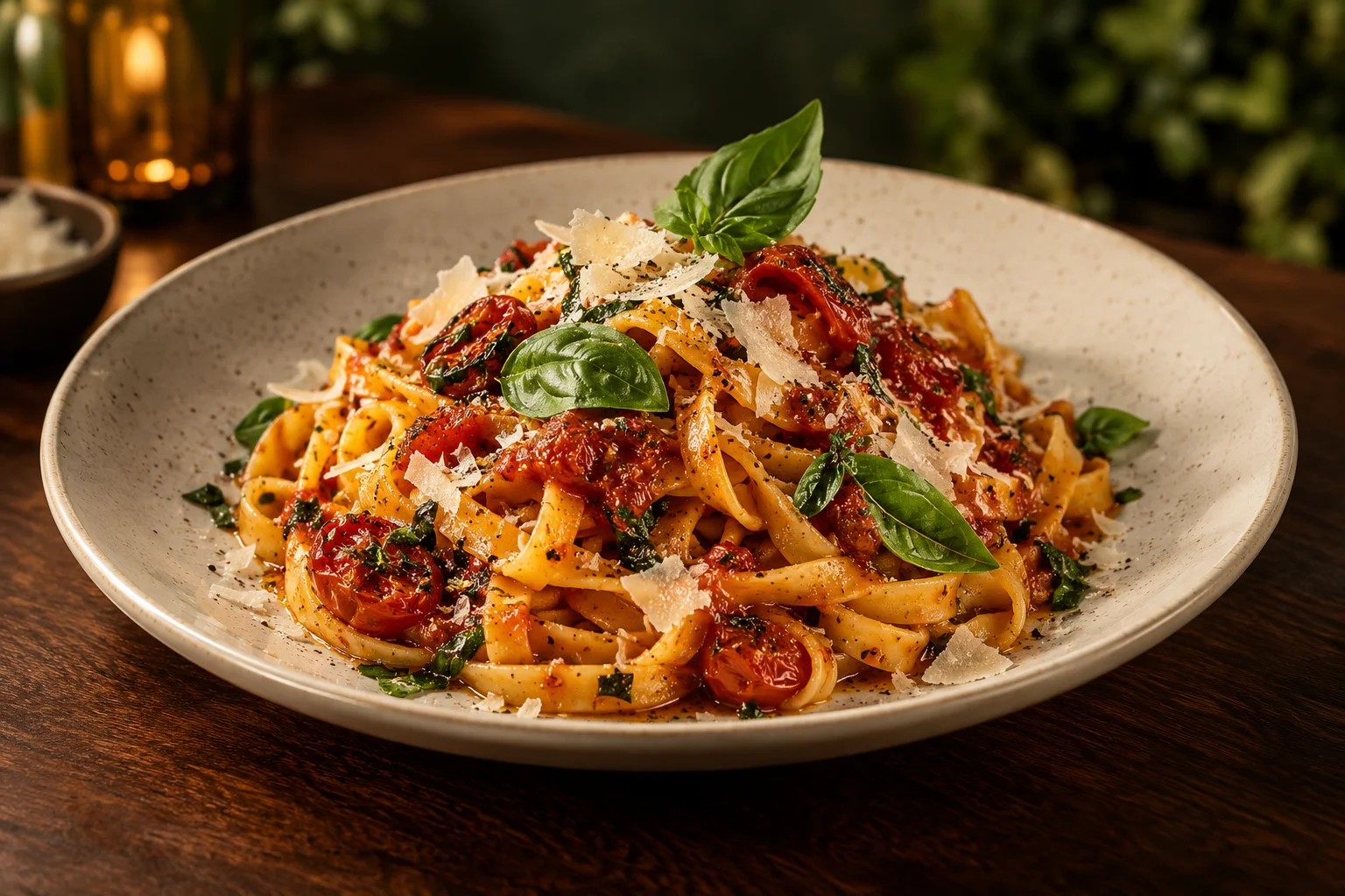 Freshly prepared tomato and herb pasta